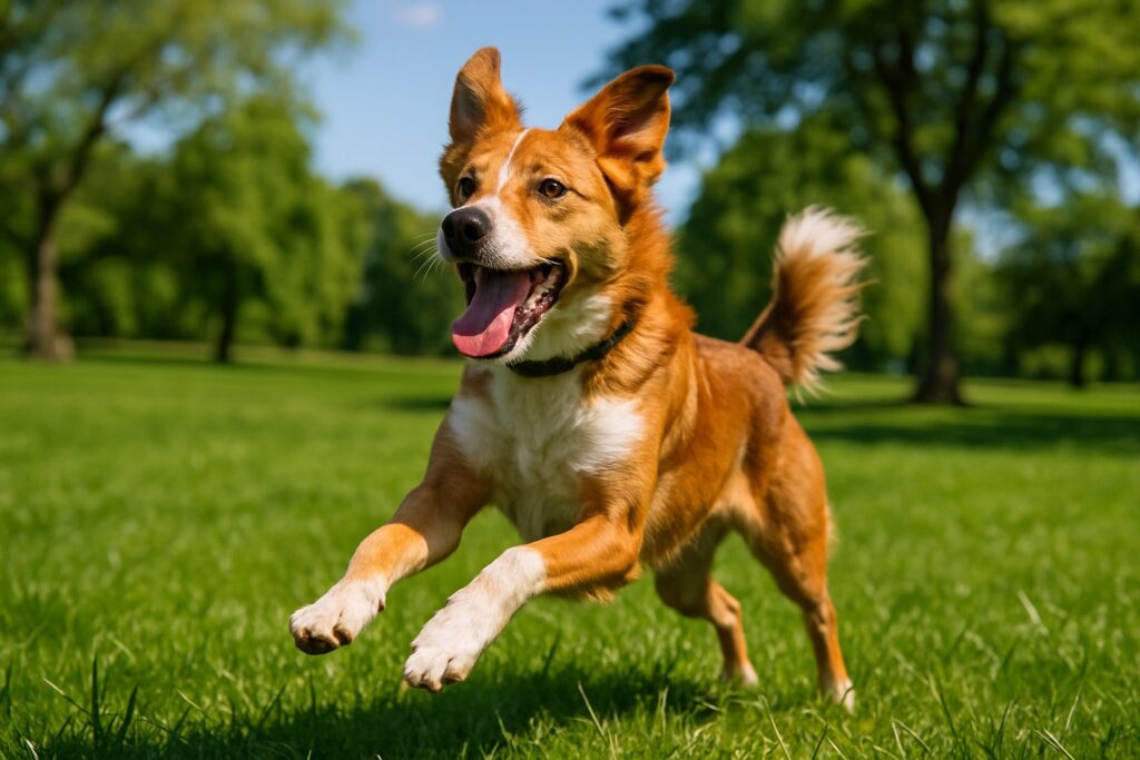 En energisk hund som leker utendørs i en solrik park.