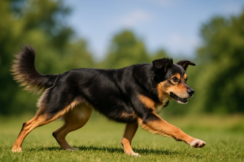 En hund som gjør utfall på en gressplen utendørs.